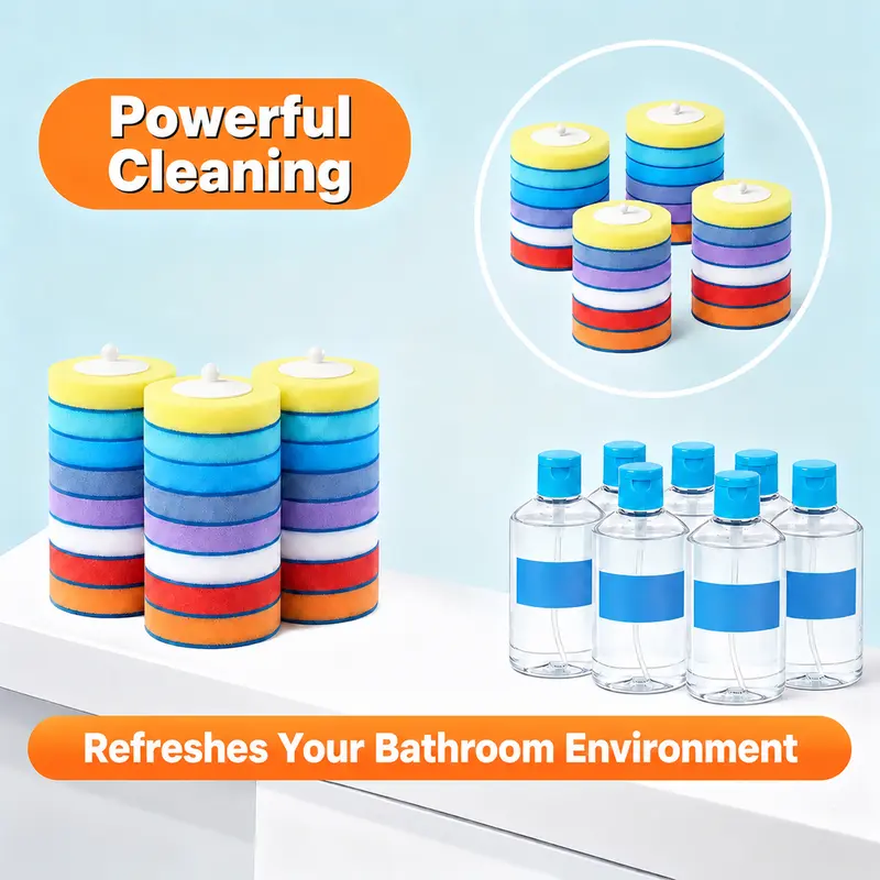 Disposable Toilet Scrubber Brush Kit – No-Touch Rotating Handle with 32 Refill Heads, Self-Cleaning Pads & Holder